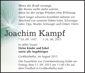 Traueranzeige von Joachim Kampf von Mitteldeutsche Zeitung Weißenfels