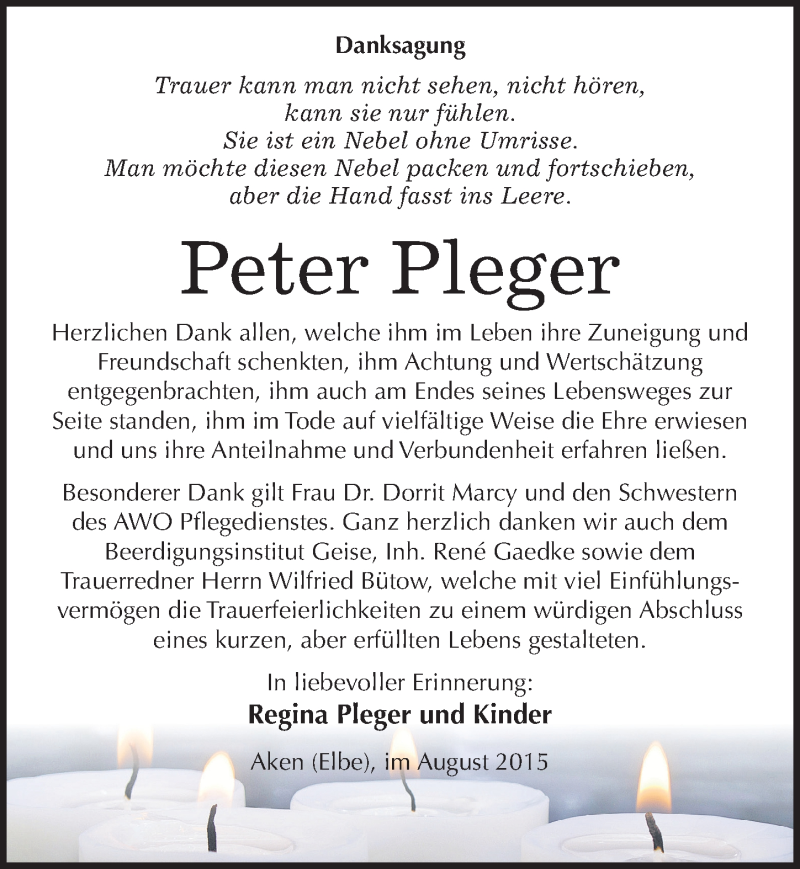  Traueranzeige für Peter Pleger vom 02.09.2015 aus Mitteldeutsche Zeitung Köthen