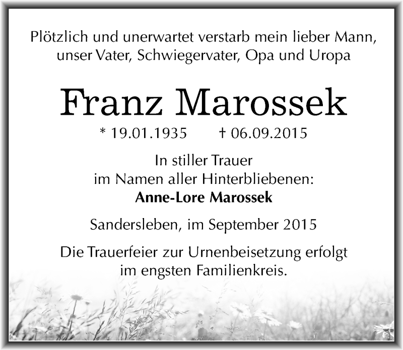  Traueranzeige für Franz Marossek vom 08.09.2015 aus Mitteldeutsche Zeitung Mansfelder Land