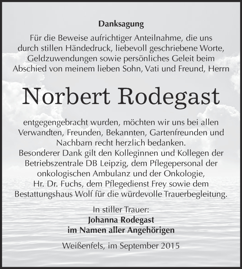  Traueranzeige für Norbert Rodegast vom 16.09.2015 aus WVG - Wochenspiegel NMB / WSF / ZTZ