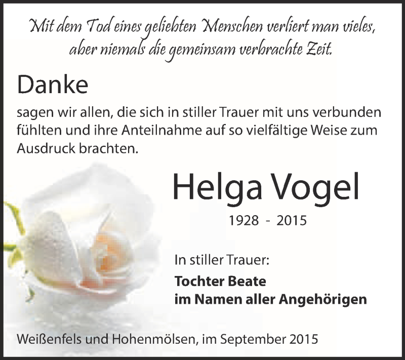  Traueranzeige für Helga Vogel vom 09.09.2015 aus WVG - Wochenspiegel NMB / WSF / ZTZ