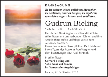 Traueranzeige von Gudrun Bieling von Mitteldeutsche Zeitung Naumburg/Nebra