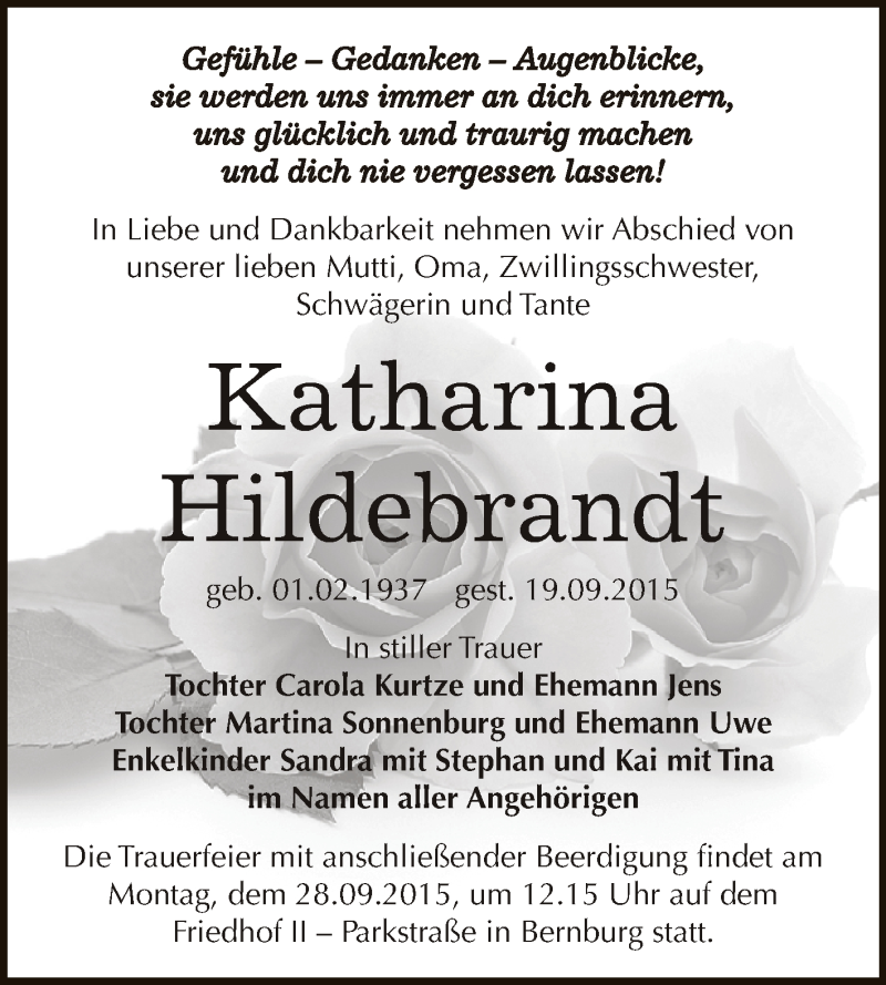  Traueranzeige für Katharina Hildebrandt vom 26.09.2015 aus Super Sonntag Bernburg
