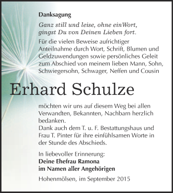 Traueranzeige von Erhard Schulze von WVG - Wochenspiegel NMB / WSF / ZTZ
