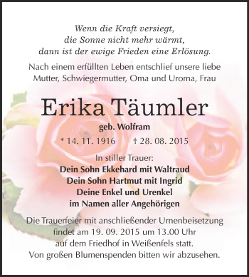 Traueranzeige von Erika Täumler von WVG - Wochenspiegel NMB / WSF / ZTZ