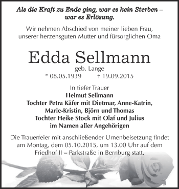 Traueranzeige von Edda Sellmann von Super Sonntag Bernburg