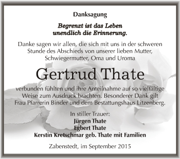 Traueranzeige von Gertrud Thate von Wochenspiegel Mansfelder Land