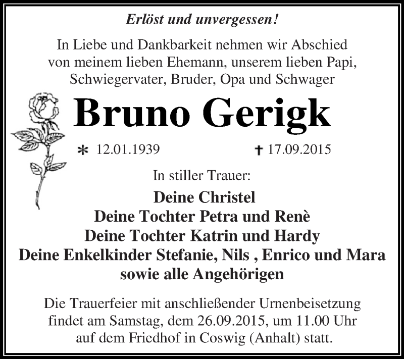  Traueranzeige für Bruno Gerigk vom 23.09.2015 aus WVG - Wochenspiegel Dessau / Köthen