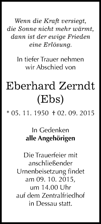 Traueranzeige von Eberhard Zerndt von Mitteldeutsche Zeitung Dessau-Roßlau