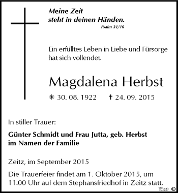 Traueranzeige von Magdalena Herbst von Mitteldeutsche Zeitung Zeitz