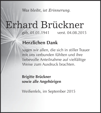 Traueranzeige von Erhard Brückner von WVG - Wochenspiegel NMB / WSF / ZTZ