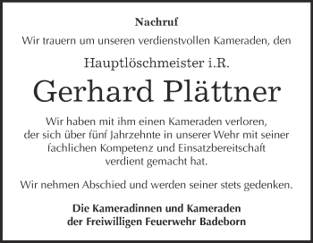 Traueranzeige von Gerhard Plättner von WVG - Wochenspiegel Quedlinburg