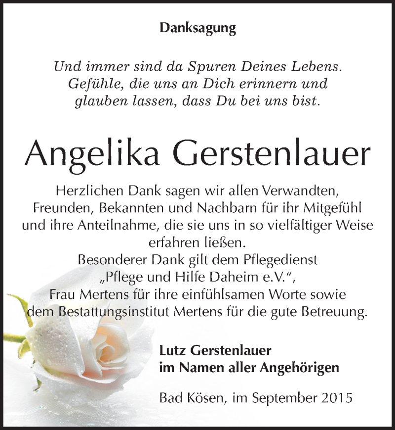  Traueranzeige für Angelika Gerstenlauer vom 19.09.2015 aus Mitteldeutsche Zeitung Naumburg/Nebra
