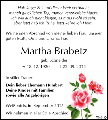 Traueranzeige von Martha Brabetz von WVG - Wochenspiegel NMB / WSF / ZTZ