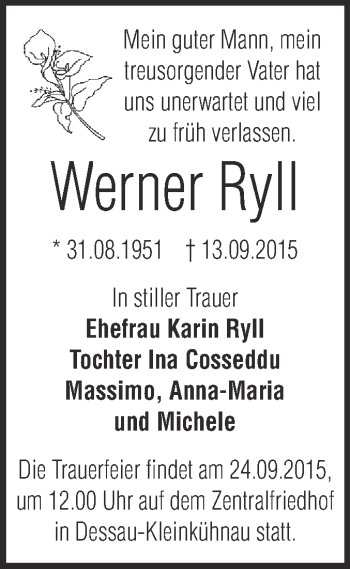 Traueranzeige von Werner Ryll von WVG - Wochenspiegel Dessau / Köthen