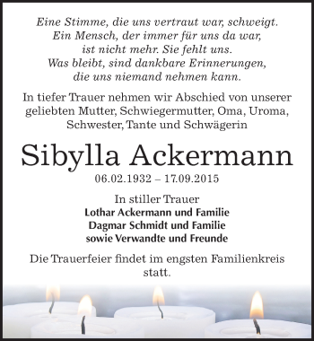 Traueranzeige von Sibylla Ackermann von Mitteldeutsche Zeitung Dessau-Roßlau