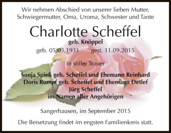 Traueranzeige von Charlotte Scheffel von Super Sonntag SGH Mansf. Land