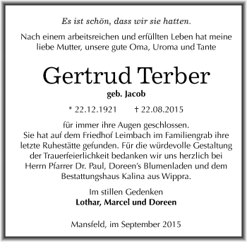 Traueranzeige von Gertrud Terber von Mitteldeutsche Zeitung Mansfelder Land