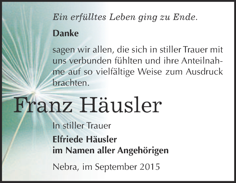  Traueranzeige für Franz Häusler vom 23.09.2015 aus WVG - Wochenspiegel NMB / WSF / ZTZ