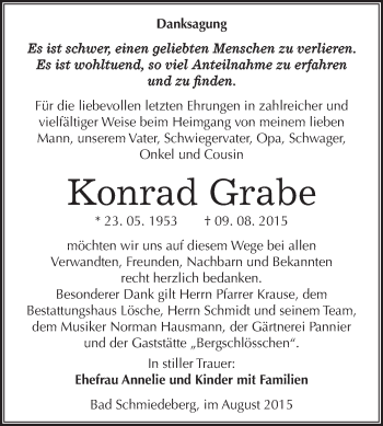 Traueranzeige von Konrad Grabe von WVG - Wochenspiegel Wittenberg