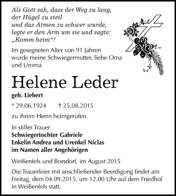 Traueranzeige von Helene Leder von WVG - Wochenspiegel NMB / WSF / ZTZ