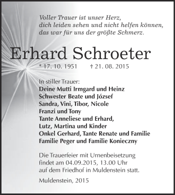Traueranzeige von Erhard Schroeter von WVG - Wochenspiegel Bitterfeld