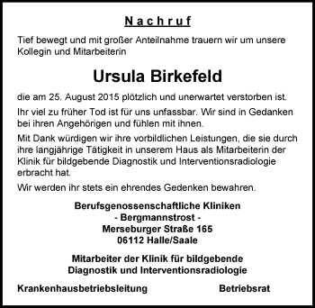 Traueranzeige von Ursula Birkefeld von Mitteldeutsche Zeitung Halle/Saalkreis