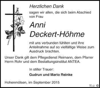Traueranzeige von Anni Deckert-Höhme von WVG - Wochenspiegel NMB / WSF / ZTZ