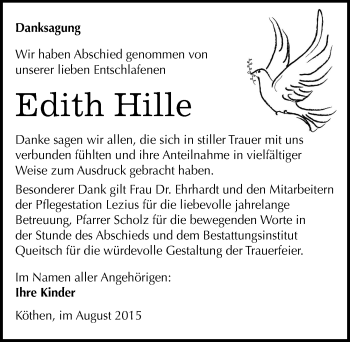Traueranzeige von Edith Hille von Mitteldeutsche Zeitung Köthen