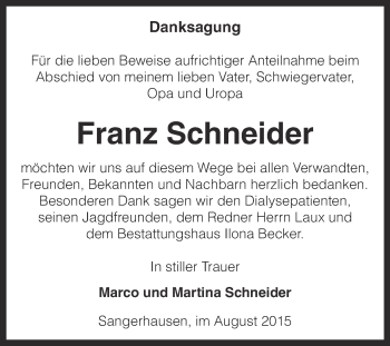 Traueranzeige von Franz Schneider von Super Sonntag SGH Mansf. Land