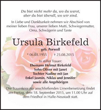 Traueranzeige von Ursula Birkefeld von Mitteldeutsche Zeitung Halle/Saalkreis