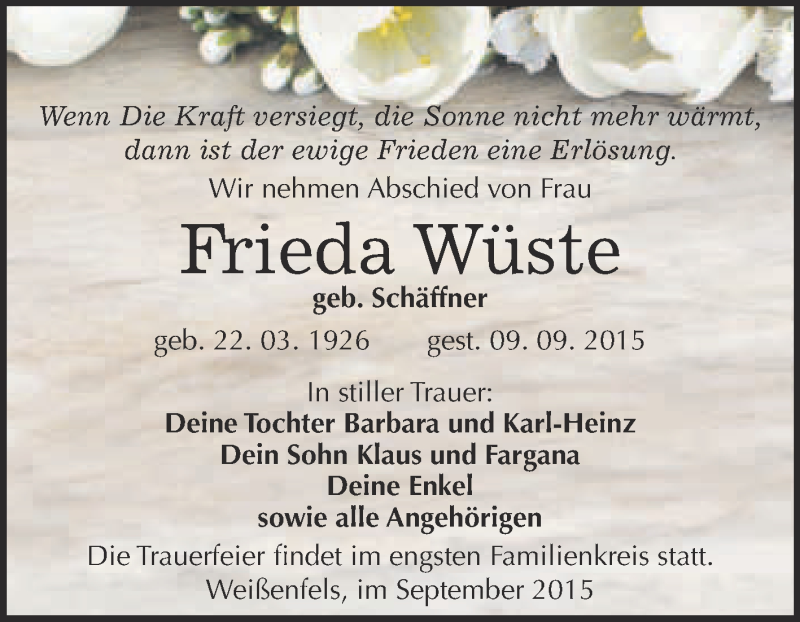  Traueranzeige für Frieda Wüste vom 16.09.2015 aus WVG - Wochenspiegel NMB / WSF / ZTZ