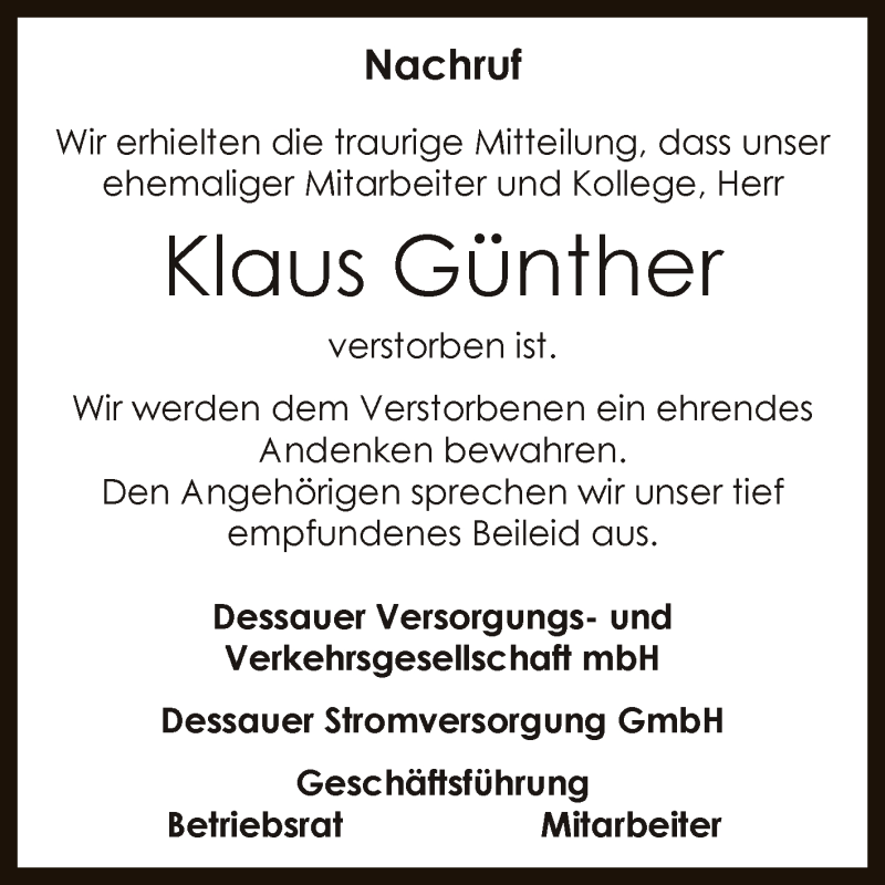  Traueranzeige für Klaus Günther vom 19.09.2015 aus Super Sonntag Dessau / Köthen
