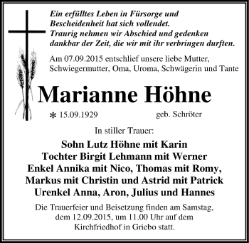 Traueranzeige von Marianne Höhne von Mitteldeutsche Zeitung Wittenberg