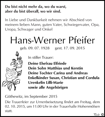 Traueranzeige von Hans-Werner Pfeifer von WVG - Wochenspiegel NMB / WSF / ZTZ