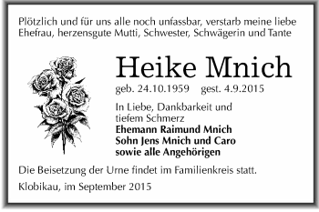 Traueranzeige von Heike Mnich von WVG - Wochenspiegel Merseburg