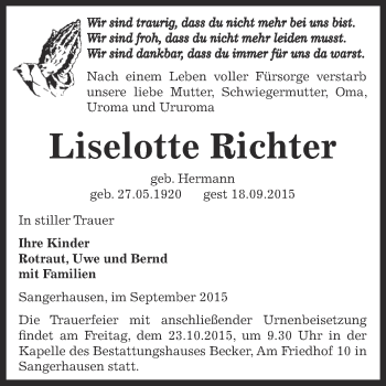 Traueranzeige von Liselotte Richter von Super Sonntag SGH Mansf. Land