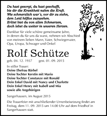 Traueranzeige von Rolf Schütze von Mitteldeutsche Zeitung Sangerhausen