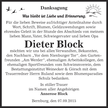 Traueranzeige von Dieter Block von Super Sonntag Bernburg