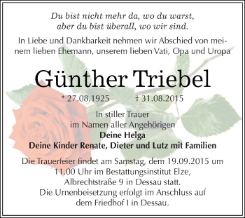 Traueranzeige von Günther Triebel von WVG - Wochenspiegel Dessau / Köthen