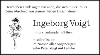 Traueranzeige von Ingeborg Voigt von Wochenspiegel Mansfelder Land