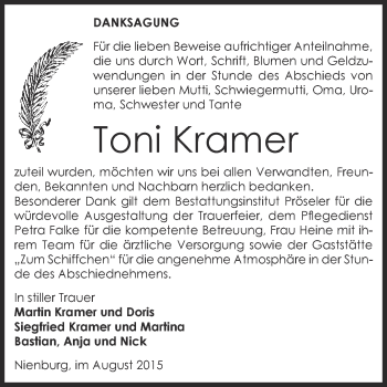 Traueranzeige von Toni Kramer von Super Sonntag Bernburg