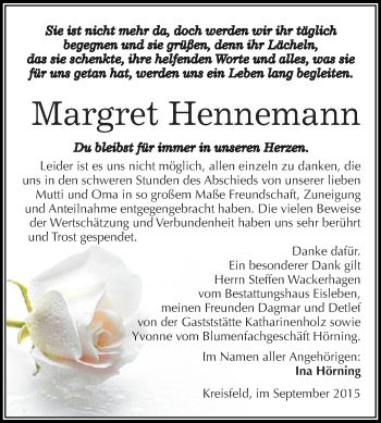 Traueranzeige von Margret Hennemann von Wochenspiegel Mansfelder Land