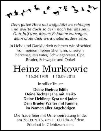 Traueranzeige von Heinz Murkowic von Mitteldeutsche Zeitung Bitterfeld