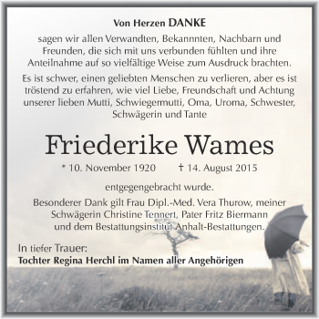 Traueranzeige von Friederike Wames von WVG - Wochenspiegel Bitterfeld
