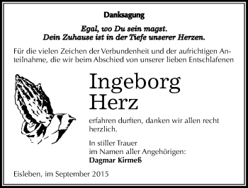 Traueranzeige von Ingeborg Herz von Mitteldeutsche Zeitung Mansfelder Land