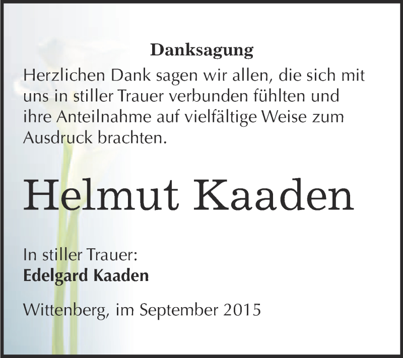  Traueranzeige für Helmut Kaaden vom 05.09.2015 aus WVG - Wochenspiegel Wittenberg
