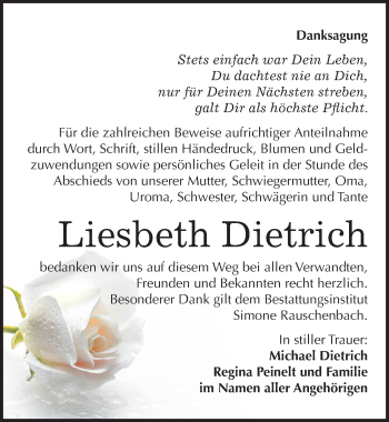 Traueranzeige von Liesbeth Dietrich von Mitteldeutsche Zeitung Naumburg/Nebra
