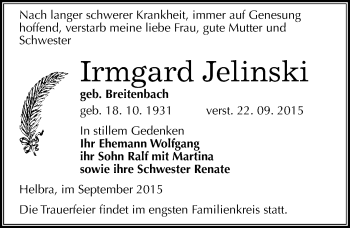 Traueranzeige von Irmgard Jehnski von Mitteldeutsche Zeitung Mansfelder Land