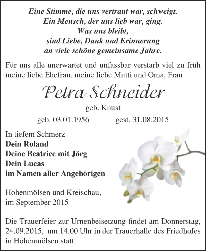  Traueranzeige für Petra Schneider vom 09.09.2015 aus WVG - Wochenspiegel NMB / WSF / ZTZ
